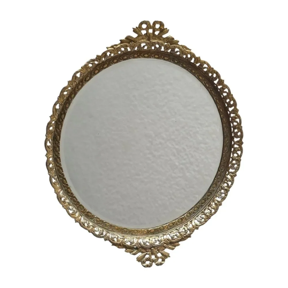 Vintage French Louis XV Style Gilt Bronze Metal Mirror Bow Edge 1970s Small 7